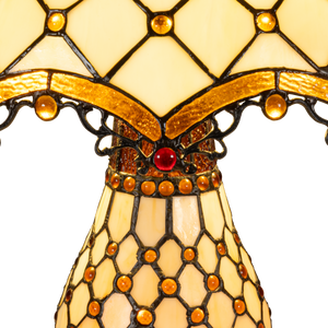 Tiffany tafellamp met verlichte voet – amber & rood accenten – Ø 41 cm × H 58 cm (Art. 7607)