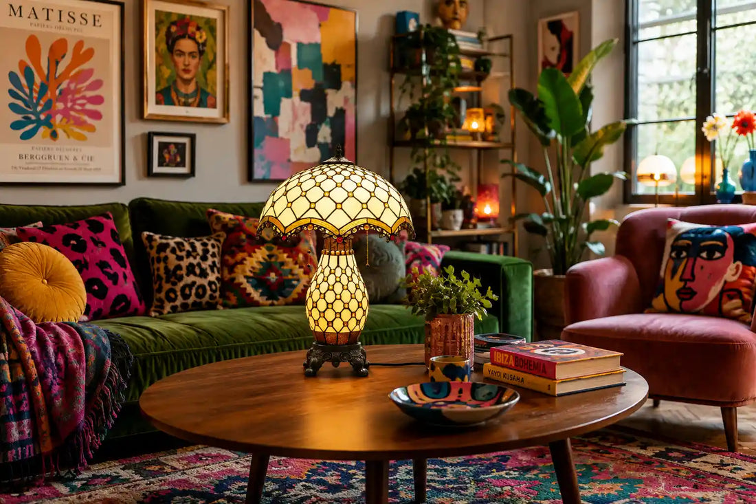 Tiffany tafellamp met verlichte voet in een kleurrijke artistieke woonkamer met groene bank, kunst, planten en uitgesproken woonaccessoires | RORUVERA