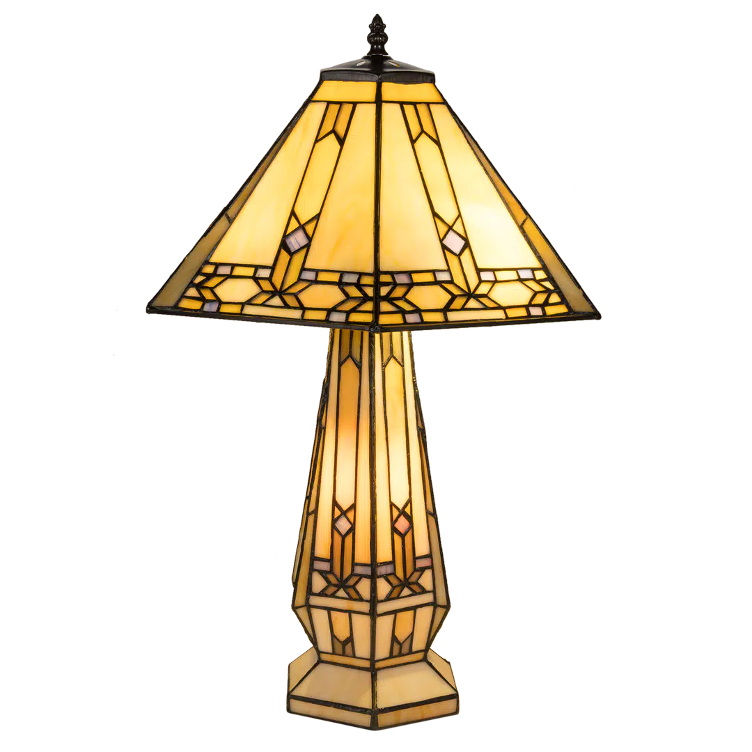 Grote Roruvera Tiffany tafellamp art deco met verlichte voet van glas in lood in crème-, amber- en lilatinten, brandend
