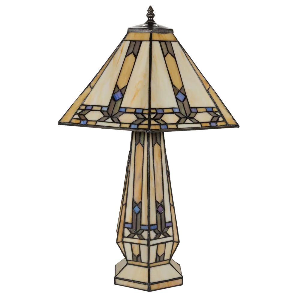 Tiffany tafellamp met verlichte voet – geometrisch ontwerp – H 58 cm x B 41,5 cm (Art. 7608)