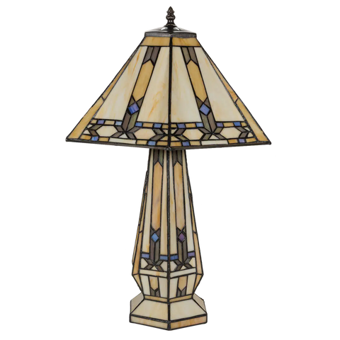 Tiffany tafellamp met verlichte voet – geometrisch ontwerp – H 58 cm x B 41,5 cm (Art. 7608)