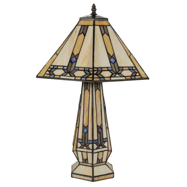Tiffany tafellamp met verlichte voet – geometrisch ontwerp – H 58 cm x B 41,5 cm (Art. 7608)