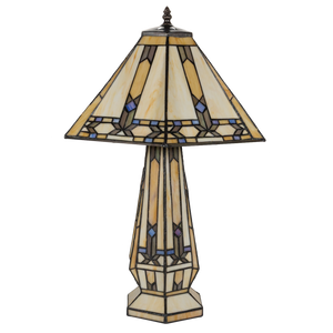 Tiffany tafellamp met verlichte voet – geometrisch ontwerp – H 58 cm x B 41,5 cm (Art. 7608)
