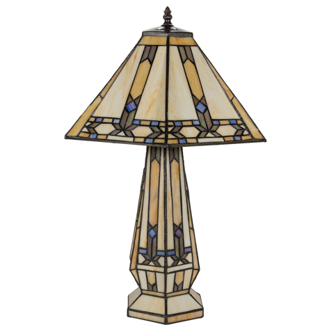 Tiffany tafellamp met verlichte voet – geometrisch ontwerp – H 58 cm x B 41,5 cm (Art. 7608)