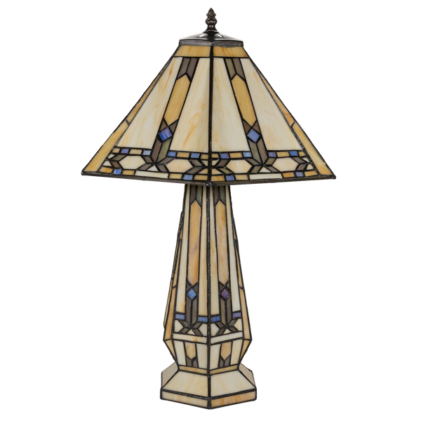 Tiffany tafellamp met verlichte voet – geometrisch ontwerp – H 58 cm x B 41,5 cm (Art. 7608)