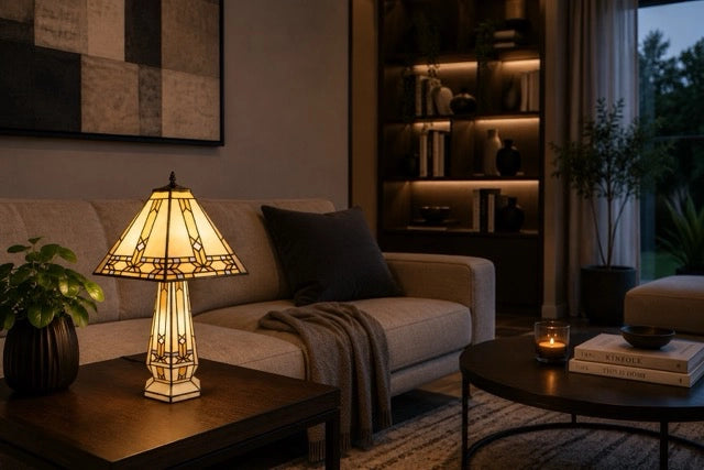 Crèmegele Tiffany tafellamp met verlichte glas-in-loodvoet op een bijzettafel in een moderne woonkamer | RORUVERA