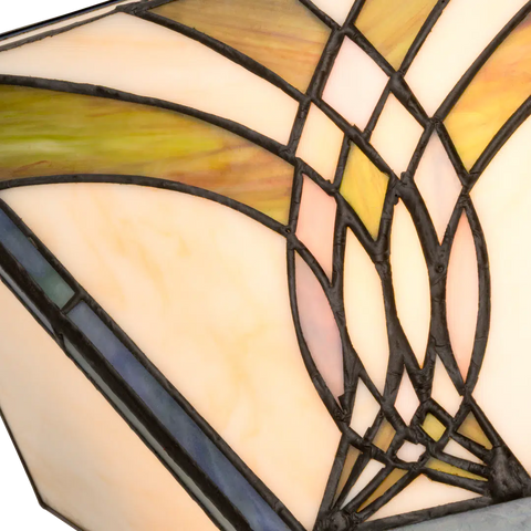 Detail Tiffany wandlamp art deco van glas in lood in blauw-, groen- en rozetinten