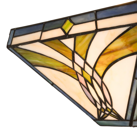 Detail Tiffany wandlamp art deco van glas in lood in blauw-, groen- en rozetinten