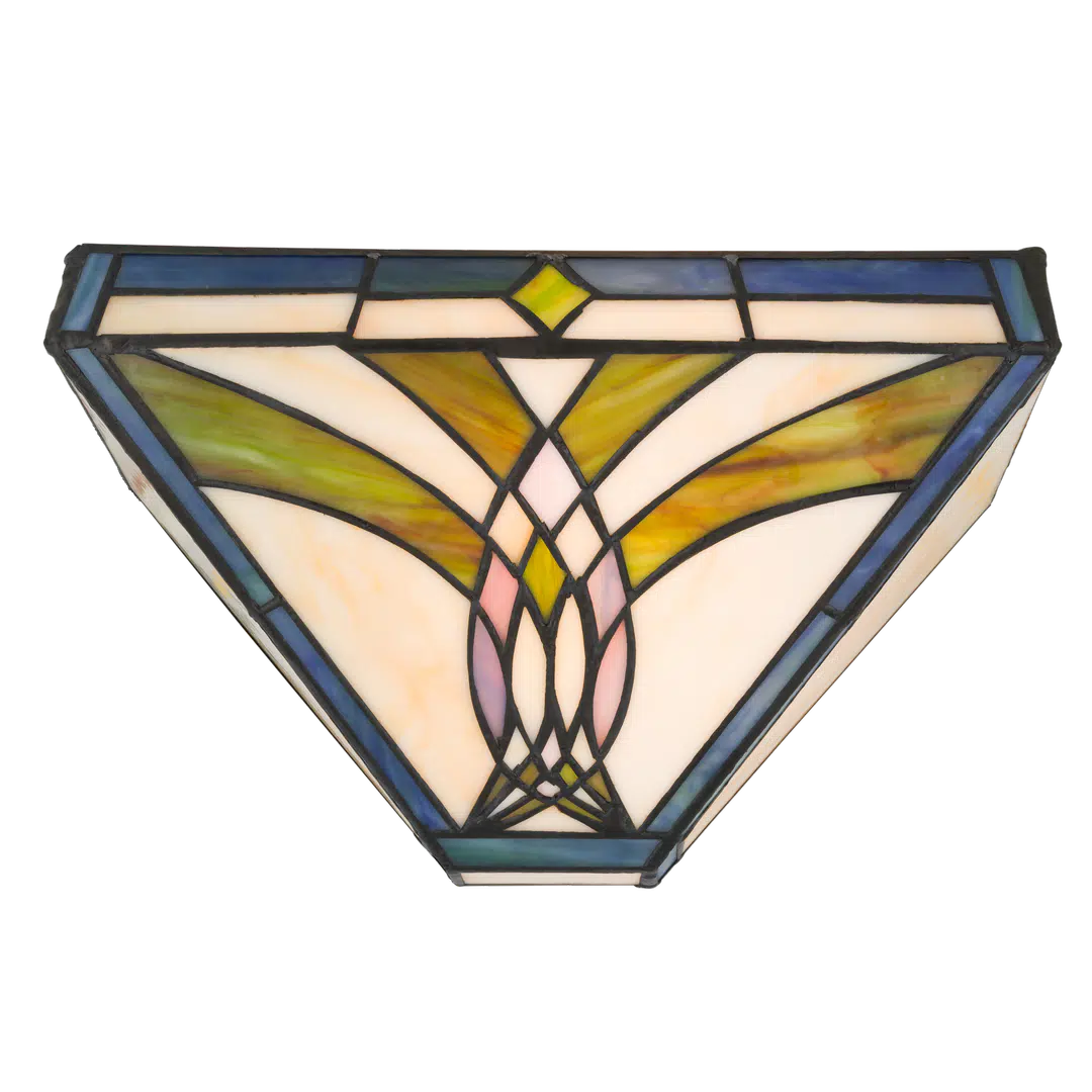 Roruvera Tiffany wandlamp art deco van glas in lood in blauw-, groen- en rozetinten, brandend