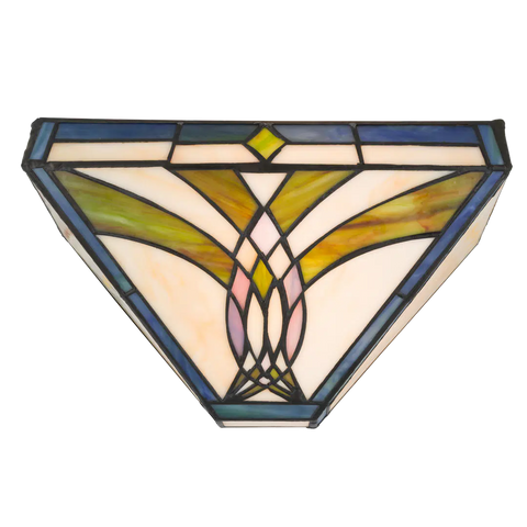 Roruvera Tiffany wandlamp art deco van glas in lood in blauw-, groen- en rozetinten, brandend