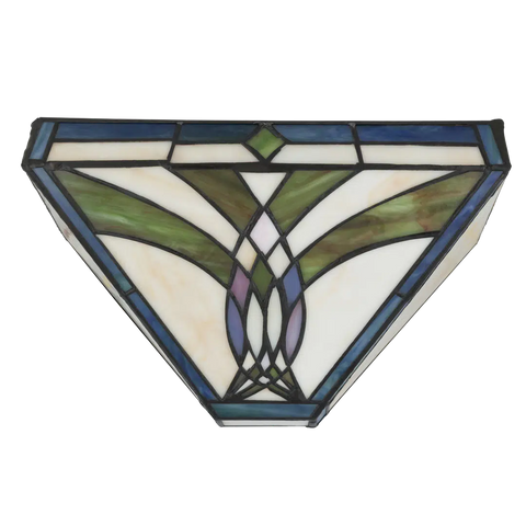 Tiffany wandlamp art deco van glas in lood in blauw-, groen- en rozetinten, uitgeschakeld