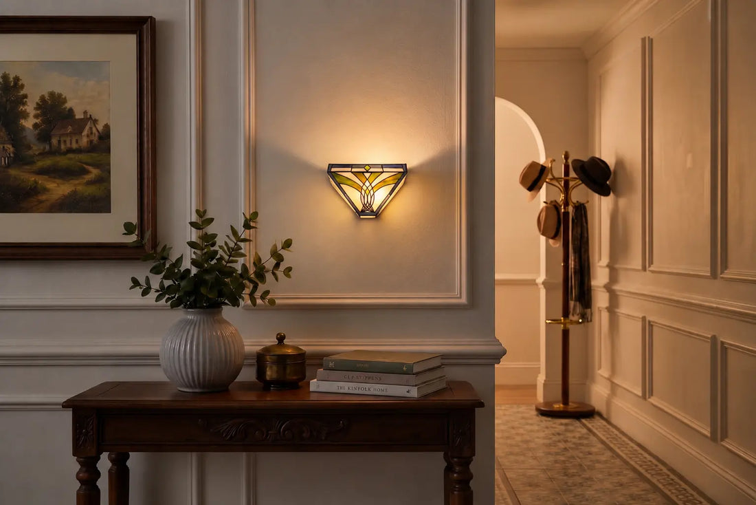 Tiffany wandlamp met geometrisch glas-in-lood design die een warme gloed verspreidt boven een houten sidetable in een stijlvolle hal | RORUVERA