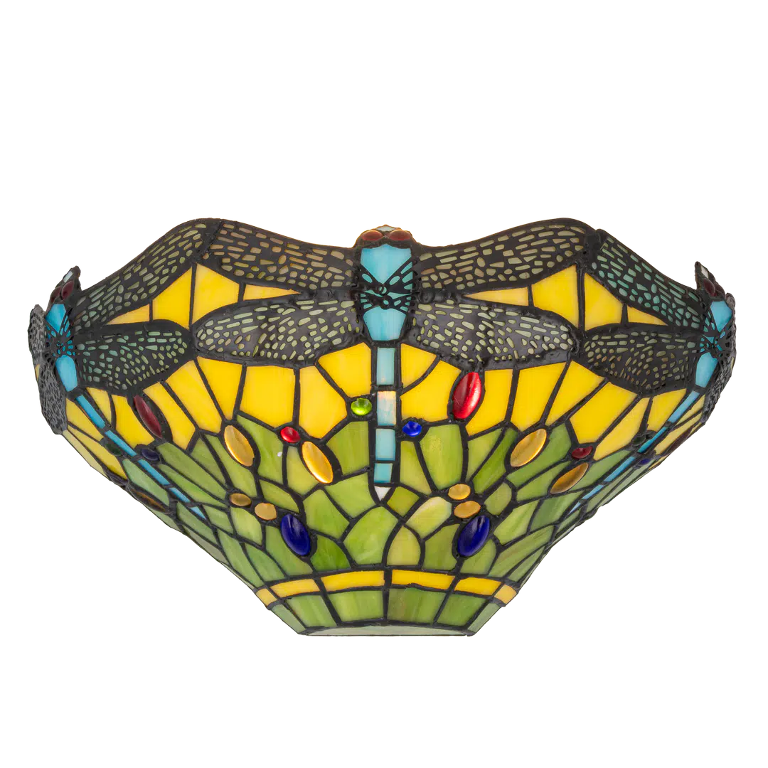 Roruvera Tiffany wandlamp libellen van glas in lood in geel-, groen- en blauwtinten, brandend