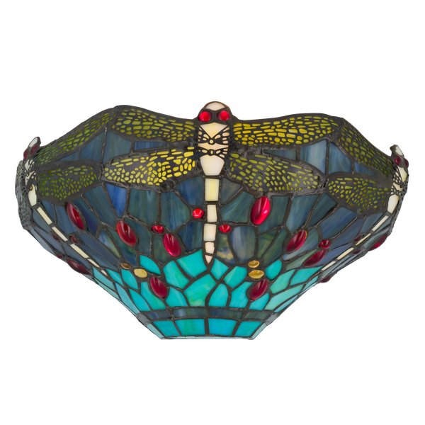Tiffany libelle (dragonfly) wandlamp – Blauwtinten – B 25 × H 14 cm (Art. 7702)