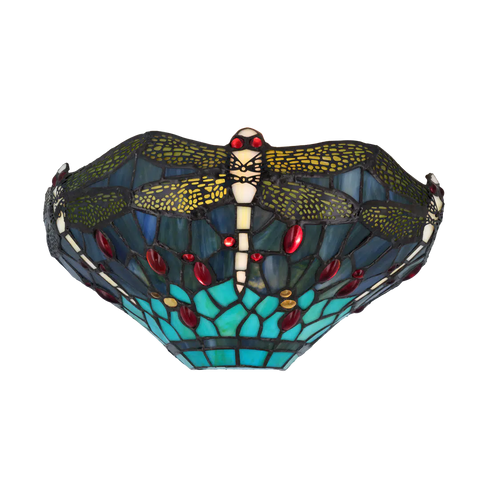 Tiffany libelle (dragonfly) wandlamp – Blauwtinten – B 25 × H 14 cm (Art. 7702)