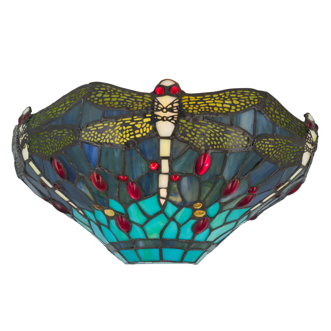 Roruvera Tiffany wandlamp libellen van glas in lood in blauw-, groen- en roodtinten, brandend