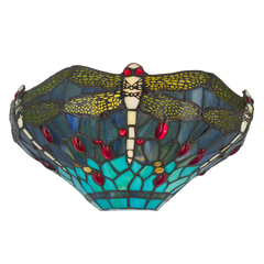 Roruvera Tiffany wandlamp libellen van glas in lood in blauw-, groen- en roodtinten, brandend