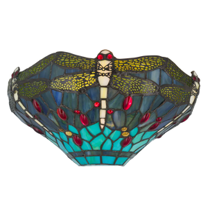 Roruvera Tiffany wandlamp libellen van glas in lood in blauw-, groen- en roodtinten, brandend