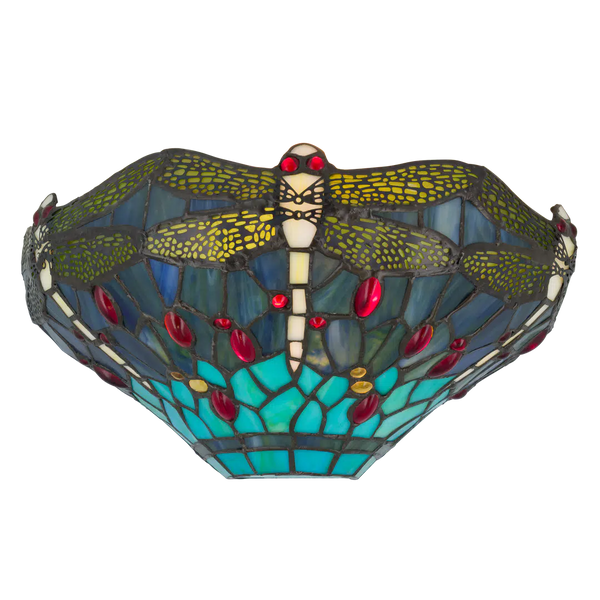 Roruvera Tiffany wandlamp libellen van glas in lood in blauw-, groen- en roodtinten, brandend