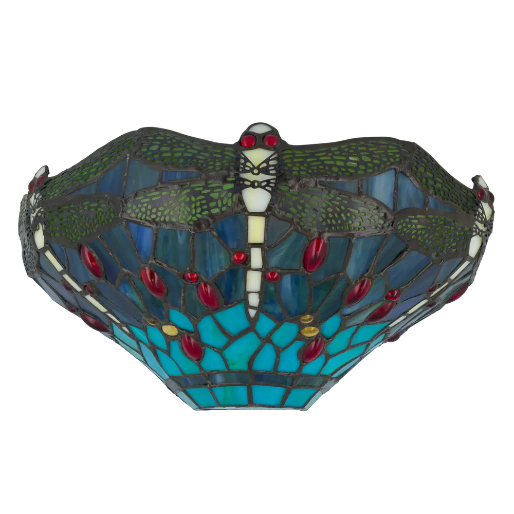Roruvera Tiffany wandlamp libellen van glas in lood in blauw-, groen- en roodtinten, brandend