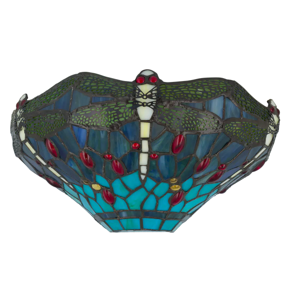 Tiffany wandlamp libellen van glas in lood in blauw-, groen- en roodtinten, uitgeschakeld