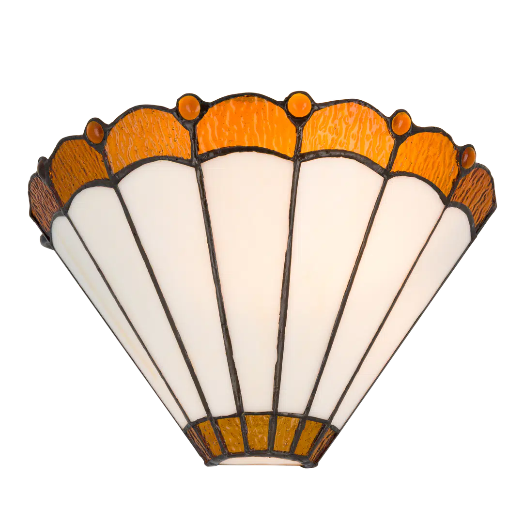 Roruvera Tiffany wandlamp klassiek rustig van glas in lood in wit-, amber- en bruintinten, brandend