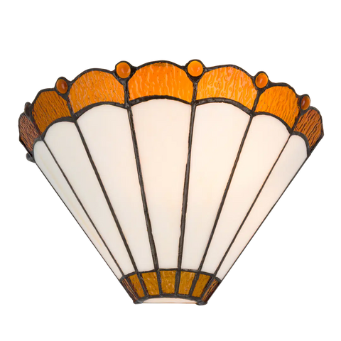 Roruvera Tiffany wandlamp klassiek rustig van glas in lood in wit-, amber- en bruintinten, brandend