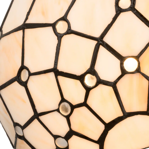 Detail Tiffany wandlamp ruitpatroon met ronde glasaccenten van glas in lood in witte-, crème- en ivoortinten