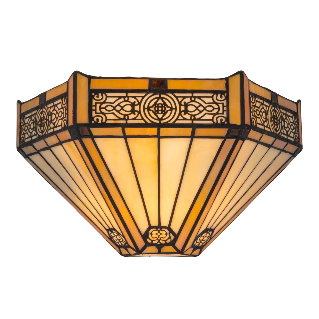 Roruvera Tiffany wandlamp art deco van glas in lood in crème-, amber- en geeltinten, brandend
