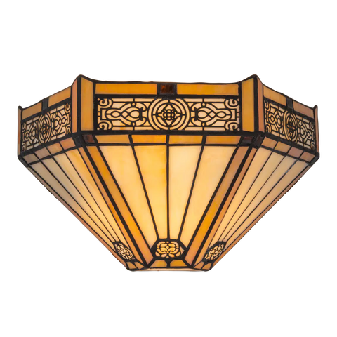 Roruvera Tiffany wandlamp art deco van glas in lood in crème-, amber- en geeltinten, brandend