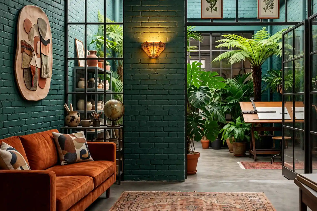 Tiffany wandlamp in art-decostijl op een donkergroene bakstenen muur in een industriële woonkamer met veel planten en grote stalen ramen | RORUVERA