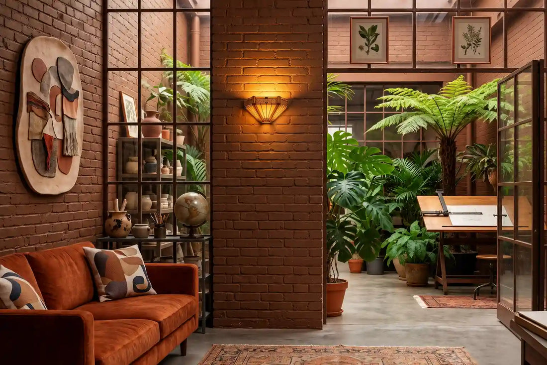Tiffany wandlamp in art-decostijl op een warme bakstenen muur in een industriële woonkamer met grote stalen ramen, planten en een creatieve werkhoek | RORUVERA