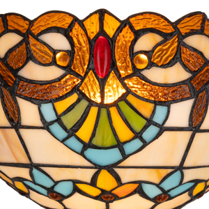 Detail Tiffany wandlamp art nouveau van glas in lood in crème-, geel- en blauwtinten