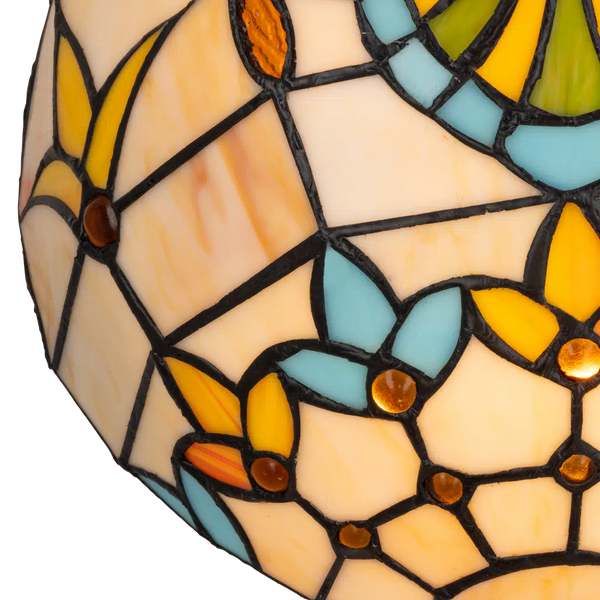 Detail Tiffany wandlamp art nouveau van glas in lood in crème-, geel- en blauwtinten