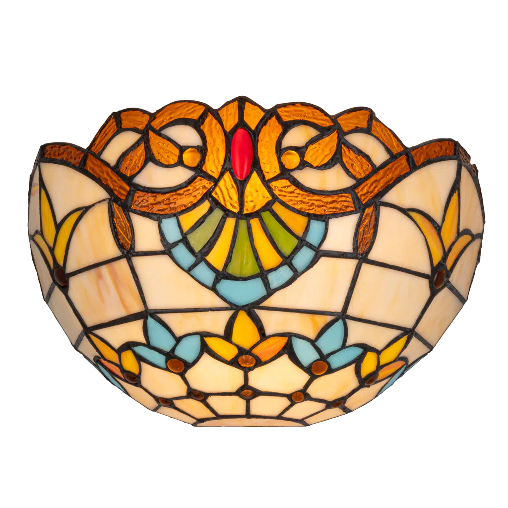 Roruvera Tiffany wandlamp art nouveau van glas in lood in crème-, geel- en blauwtinten, brandend