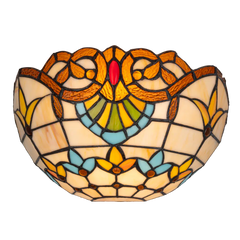 Roruvera Tiffany wandlamp art nouveau van glas in lood in crème-, geel- en blauwtinten, brandend
