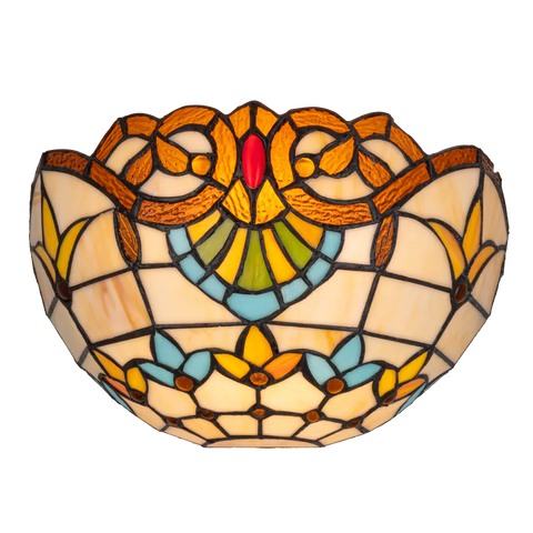 Roruvera Tiffany wandlamp art nouveau van glas in lood in crème-, geel- en blauwtinten, brandend