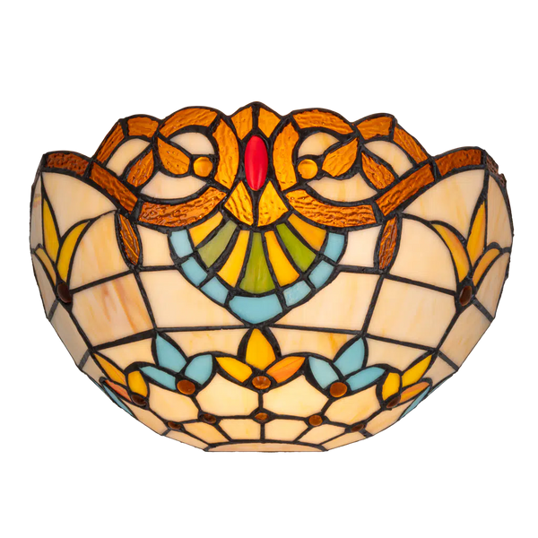 Roruvera Tiffany wandlamp art nouveau van glas in lood in crème-, geel- en blauwtinten, brandend