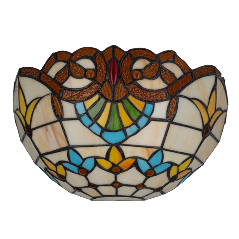Tiffany wandlamp art nouveau van glas in lood in crème-, geel- en blauwtinten, uitgeschakeld