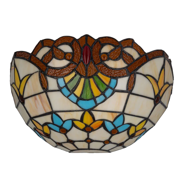 Tiffany wandlamp art nouveau van glas in lood in crème-, geel- en blauwtinten, uitgeschakeld