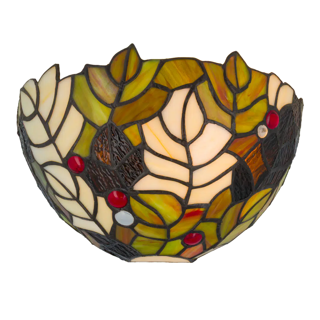 Roruvera Tiffany wandlamp herfst en bladeren van glas in lood in groen-, bruin- en crèmetinten, brandend