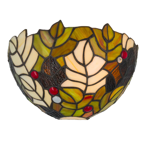 Roruvera Tiffany wandlamp herfst en bladeren van glas in lood in groen-, bruin- en crèmetinten, brandend