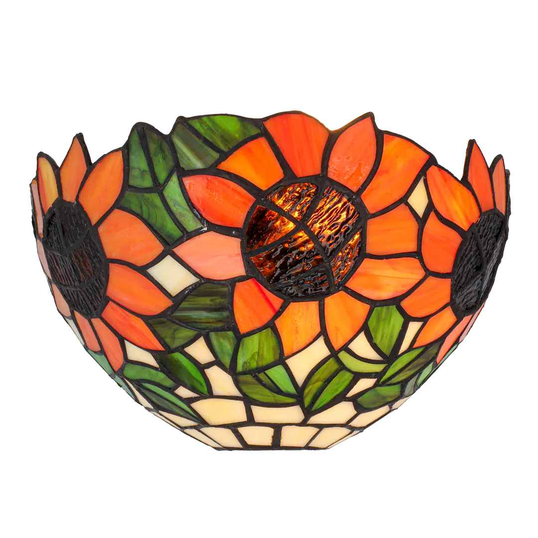 Roruvera Tiffany wandlamp zonnebloemen van glas in lood in oranje-, groene- en crèmetinten, brandend