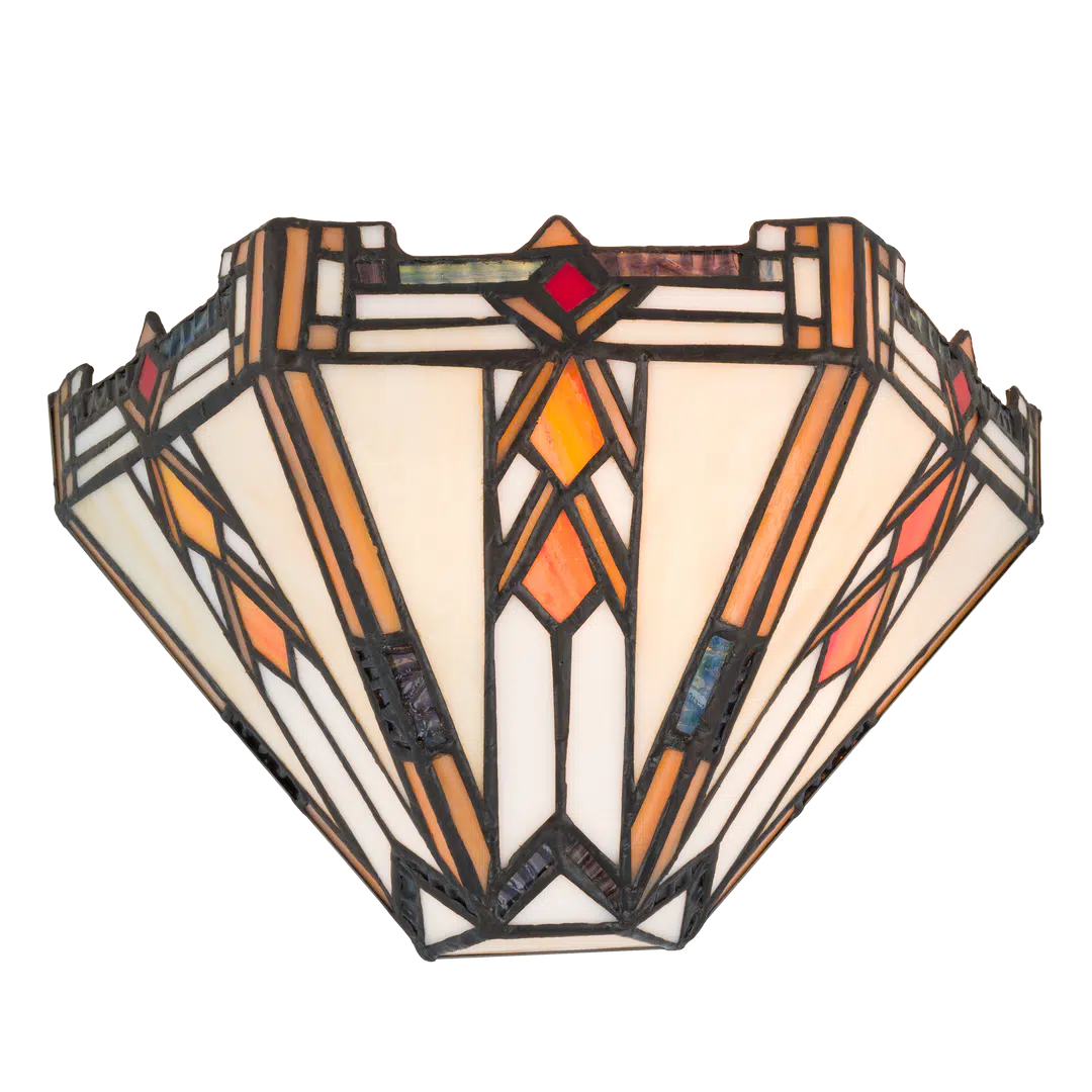 Roruvera Tiffany wandlamp art deco van glas in lood in crème-, amber- en oranjetinten, brandend