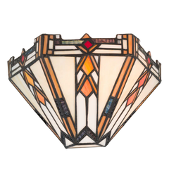 Roruvera Tiffany wandlamp art deco van glas in lood in crème-, amber- en oranjetinten, brandend