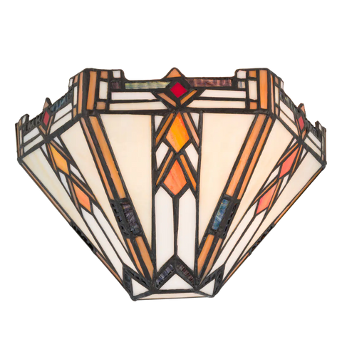 Roruvera Tiffany wandlamp art deco van glas in lood in crème-, amber- en oranjetinten, brandend
