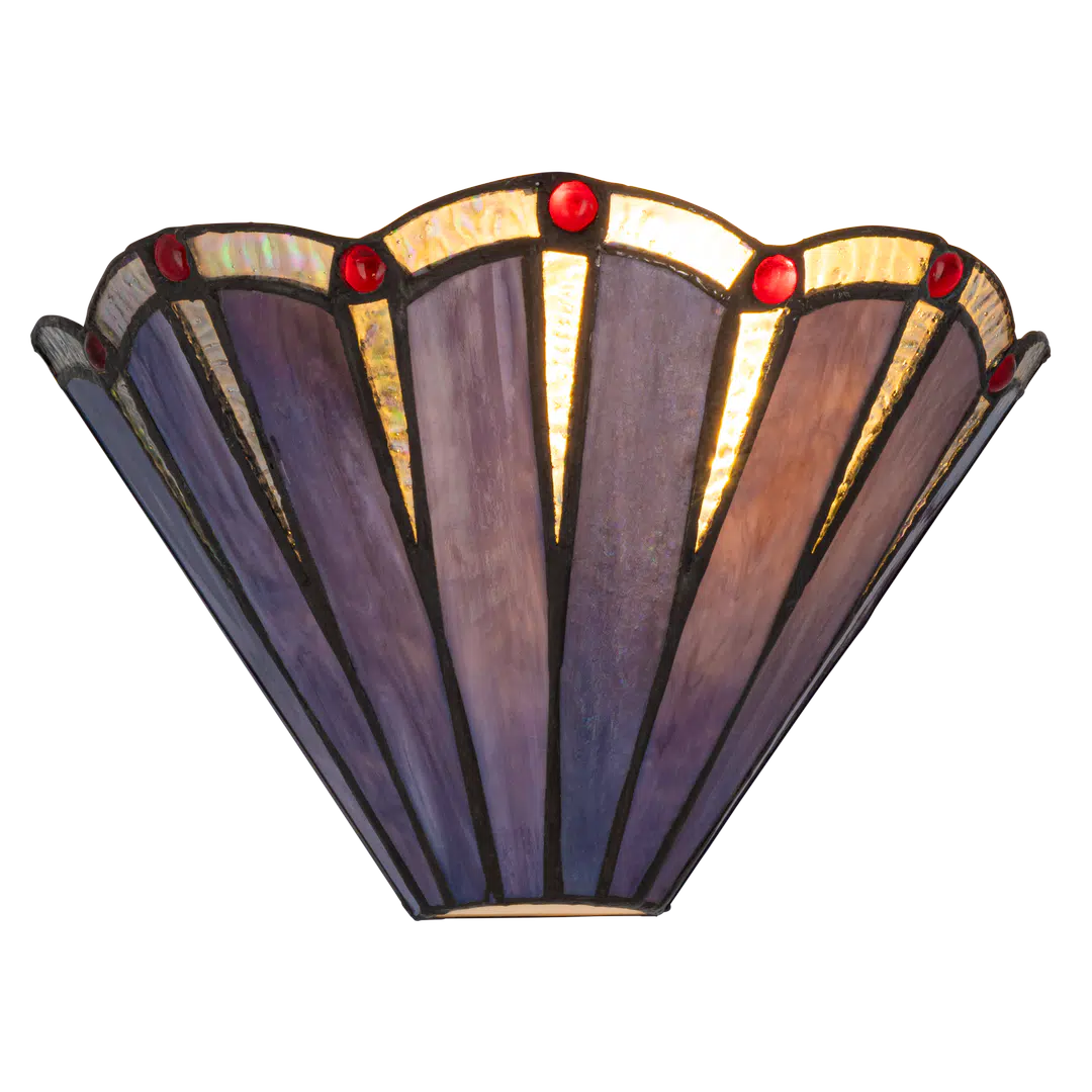 Roruvera Tiffany wandlamp art deco waaiermotief van glas in lood in paars, crème-tinten, rood-tinten, brandend