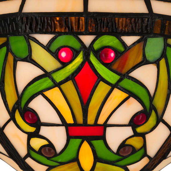 Tiffany wandlamp Sierlijke Ranken met Rood Ruitaccent – Crème, Groen & Rood – B 28,5 cm (Art. 7713)