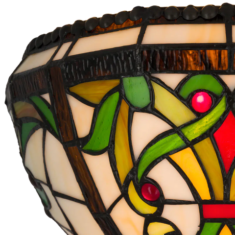 Tiffany wandlamp Sierlijke Ranken met Rood Ruitaccent – Crème, Groen & Rood – B 28,5 cm (Art. 7713)