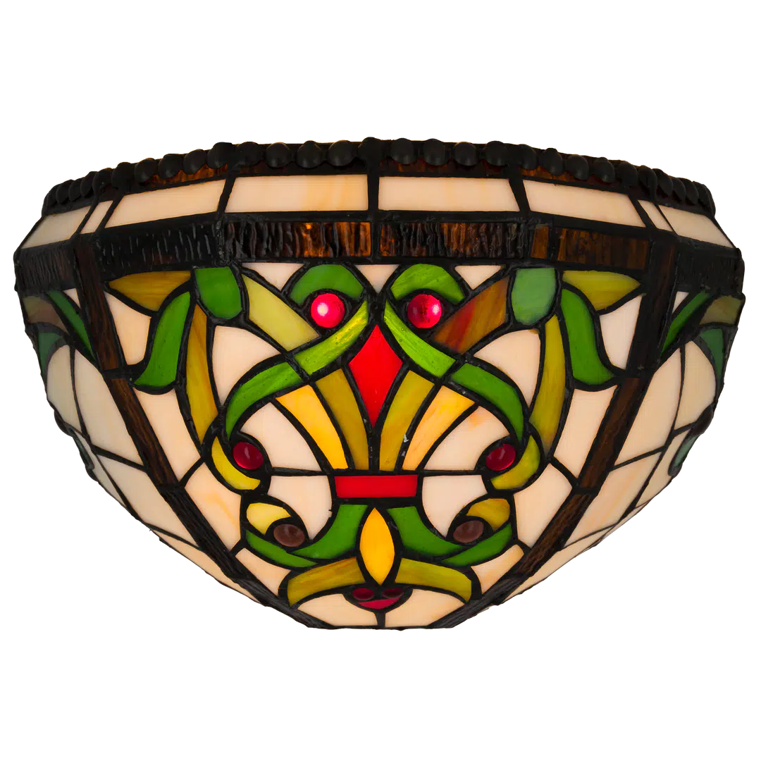 Tiffany wandlamp Sierlijke Ranken met Rood Ruitaccent – Crème, Groen & Rood – B 28,5 cm (Art. 7713)